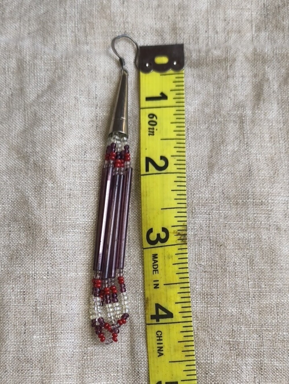 Native American Cherokee Purple and Red Beaded Tassel Drop Earrings Sterling Sil - Picture 5 of 5